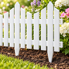 Close-up of white modular PVC garden border fence connector and stake details.
