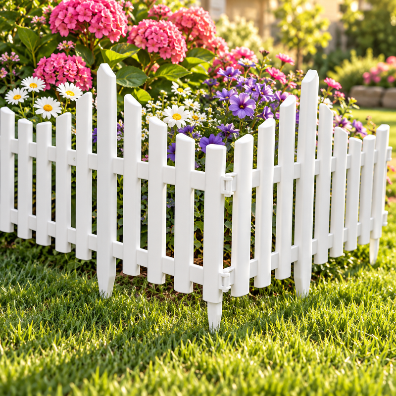 White modular garden border fence installed around a flower bed.