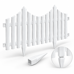 White PVC garden border fence with removable ground stake detail.
