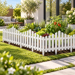 White modular garden border fence installed around a vegetable garden.