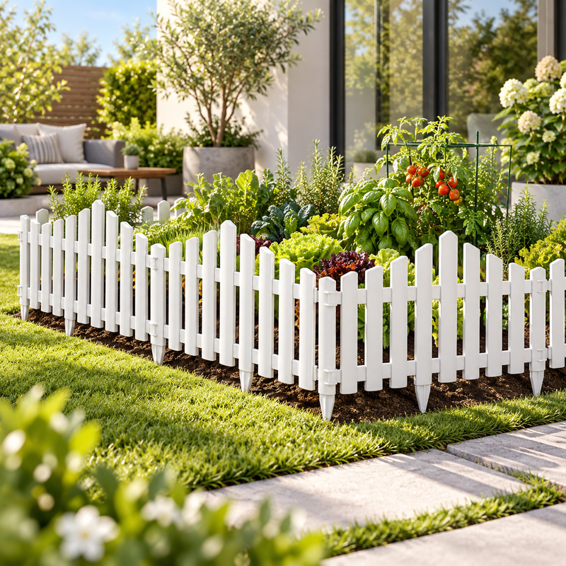 White modular garden border fence installed around a vegetable garden.