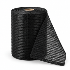 Black knitted HDPE shade net roll on a clean white background.