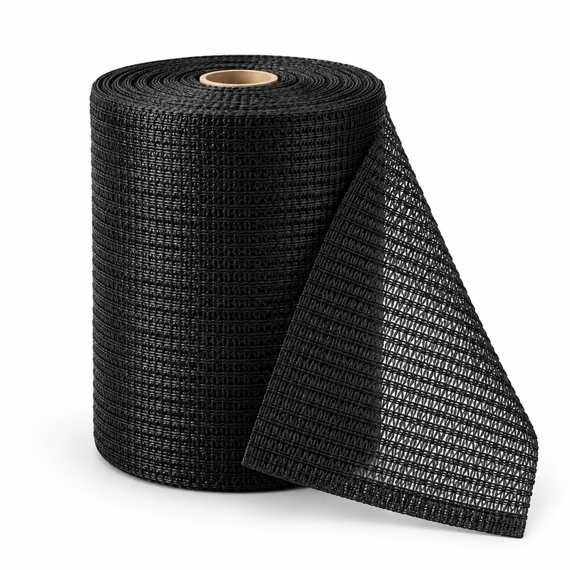 Black knitted HDPE shade net roll on a clean white background.