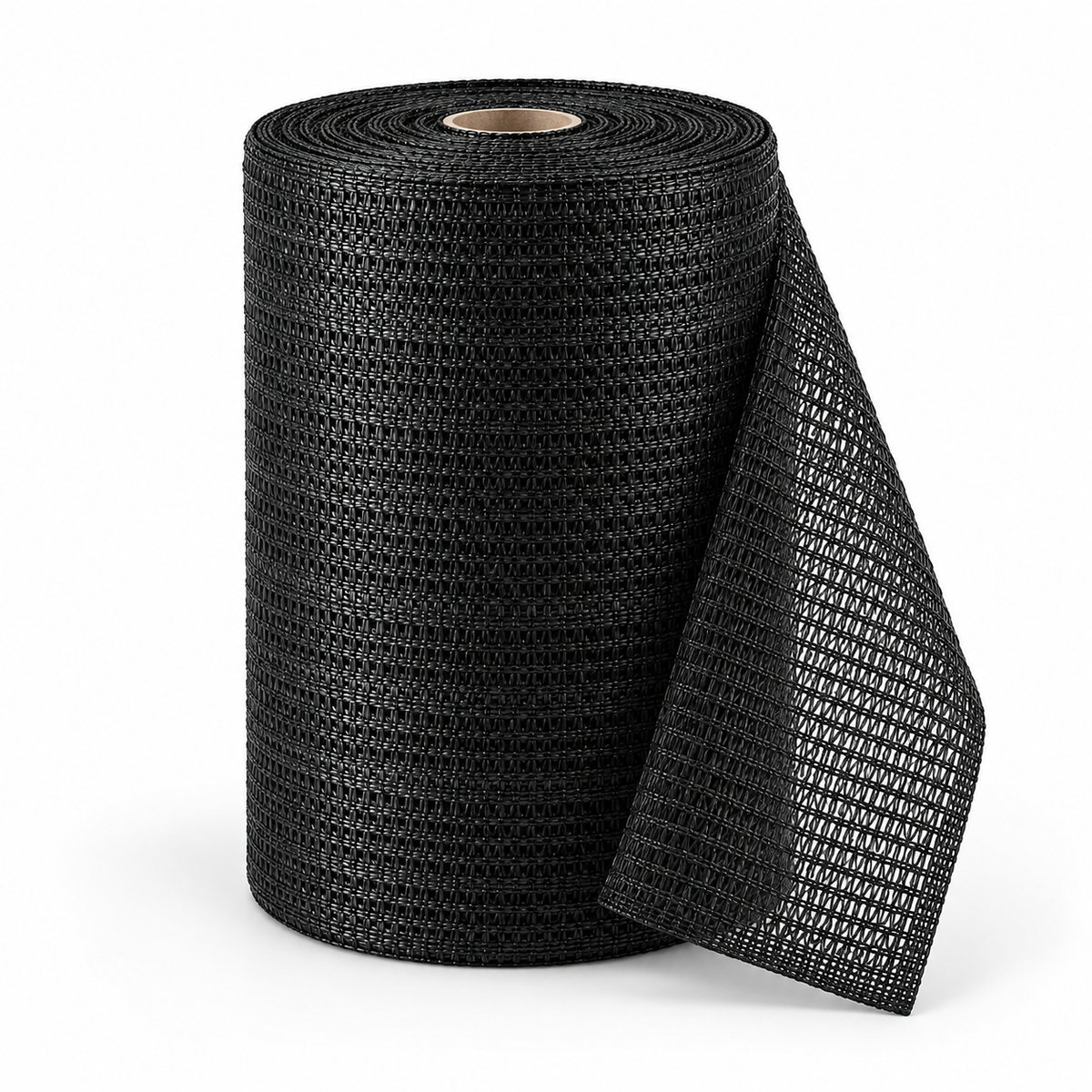 Black heavy-duty knitted HDPE shade net roll on a clean white background.