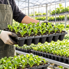 Black seedling plug tray filled with healthy young vegetable seedlings inside a greenhouse.