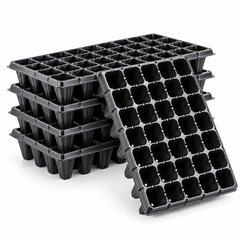Stacked black seedling plug trays showing tray depth and cell structure on a white background.