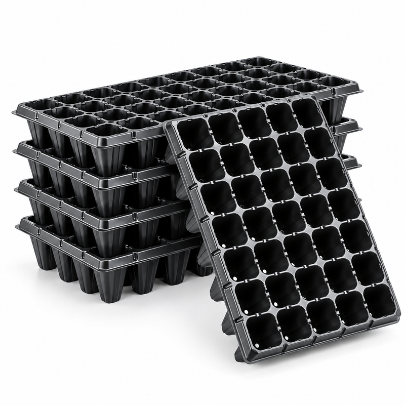 Stacked black seedling plug trays showing tray depth and cell structure on a white background.