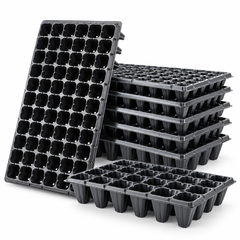 Black seedling plug trays in multiple cell formats arranged on a clean white background.