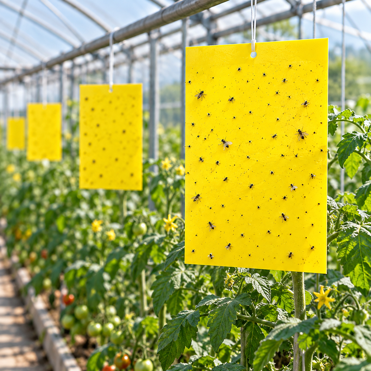 Yellow sticky insect trap boards hanging above crops in a greenhouse.