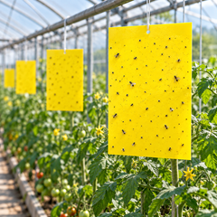 Yellow sticky insect trap boards hanging in a greenhouse crop area.