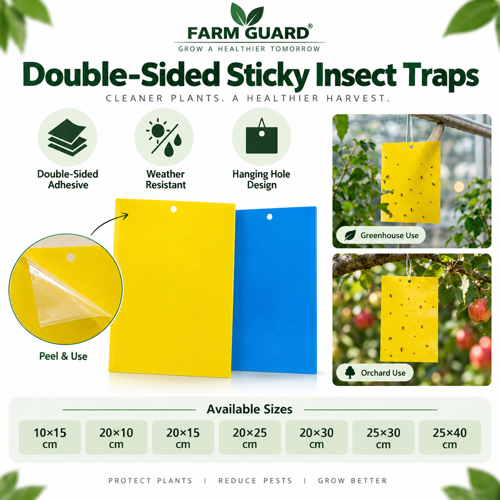 FARM GUARD guide for yellow and blue double-sided sticky insect traps with applications and listed sizes.