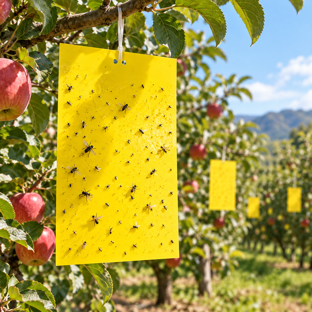 Yellow sticky insect trap board hanging in an orchard.