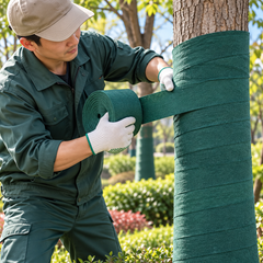 Worker installing green nonwoven tree trunk wrapping fabric around a tree.