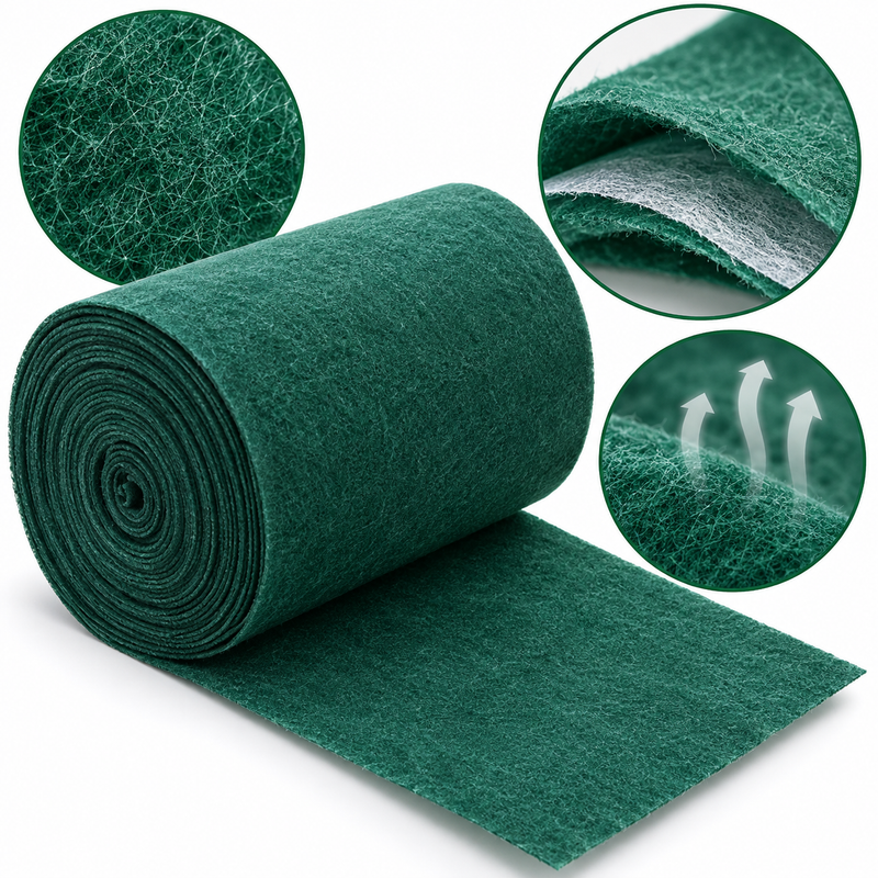Close-up product view of dark green nonwoven tree wrapping fabric showing roll structure and surface texture.