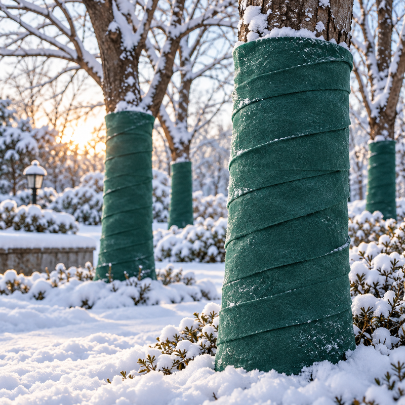 Green tree trunk wrap installed on trees in a snowy winter landscape.