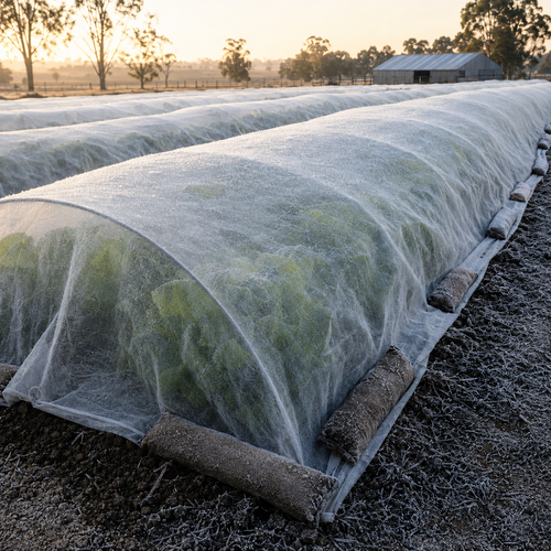 30 GSM white frost protection cloth covering crop rows