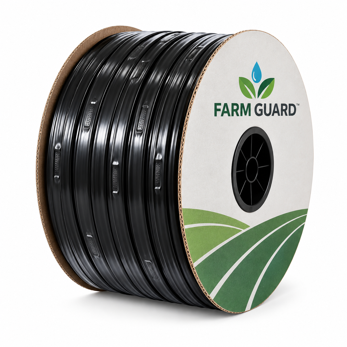 Illustrative drip tape reel on white. Reel artwork and enlarged emitter appearance are illustrative.
