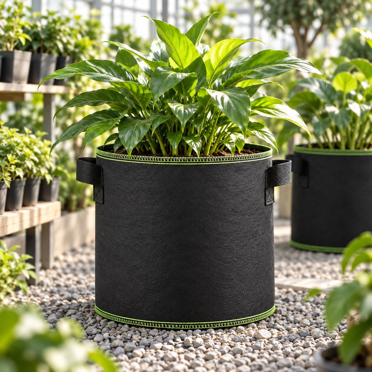 Illustrative fabric grow bag in a greenhouse setting; not a photograph of FARM GUARD facilities. Plants and props are not included.