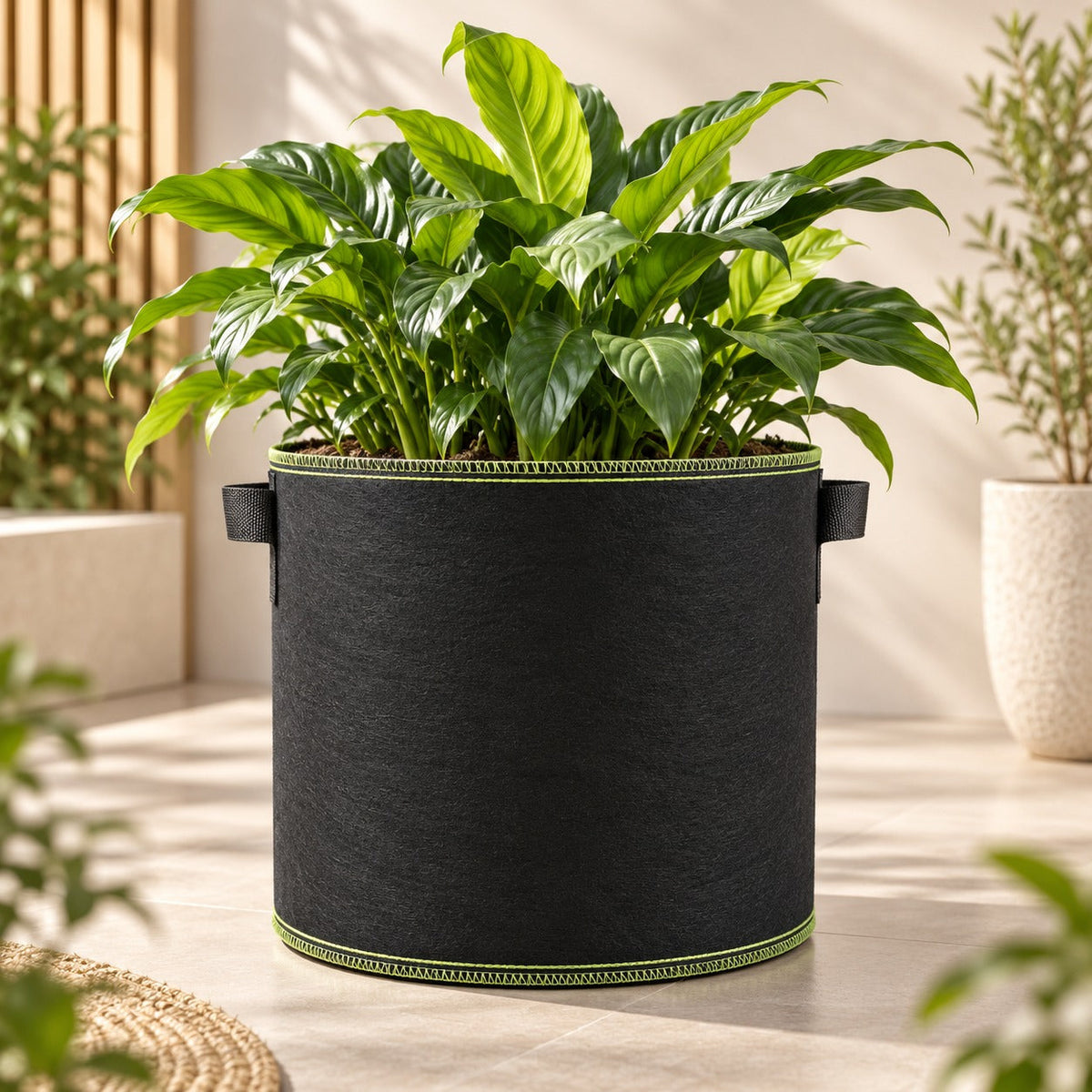 Illustrative fabric grow bag in a bright home setting. Plants, soil, furniture and other props are not included.