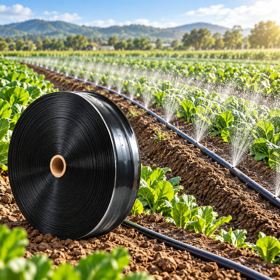 Generated illustration of a micro spray tape coil beside irrigated crop rows. Plants and other equipment are not included.