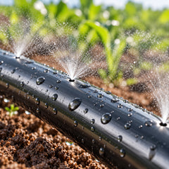 Generated illustration of water spraying directly from openings in black micro spray tape. Not a measured flow, pressure or hole-size specification.