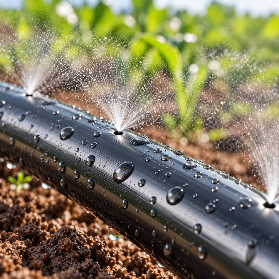 Generated illustration of water spraying directly from openings in black micro spray tape. Not a measured flow, pressure or hole-size specification.