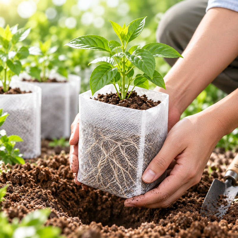 Illustrative supported seedling root ball in a white bag. This is not a claim of biodegradability, root penetration or planting without bag removal.