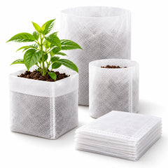 Generated product illustration of white handle-free nonwoven nursery bags on white. Plants and soil not included. Display arrangement does not specify pack quantity.