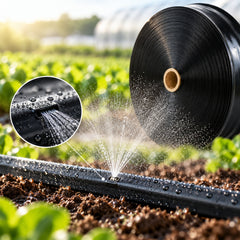PE micro-spray irrigation hose roll and perforated-hose application detail. Generated illustration; spray is illustrative, not a measured performance guarantee.