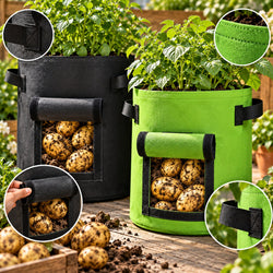 Illustrative design-detail panel showing front access flaps, handles and upper seams of black and grass-green potato grow bags. Not a material test or exact dimensional drawing; plants, potatoes and soil are excluded.
