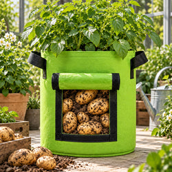 Illustrative grass-green potato grow bag with black handles and front harvest flap in a greenhouse setting. Plants, potatoes and soil are not included.