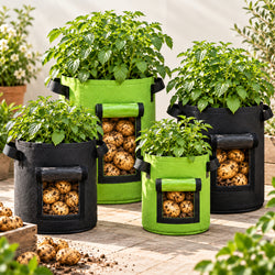 Illustrative arrangement of black and grass-green potato grow bags. This is a range illustration, not a scale drawing or a picture of pack contents; every pack contains five matching empty bags.