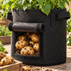 Illustrative close view of a black potato grow bag's rolled front-access flap, handle and fabric appearance. Illustration is not material testing or a yield guarantee; potatoes and soil are not included.