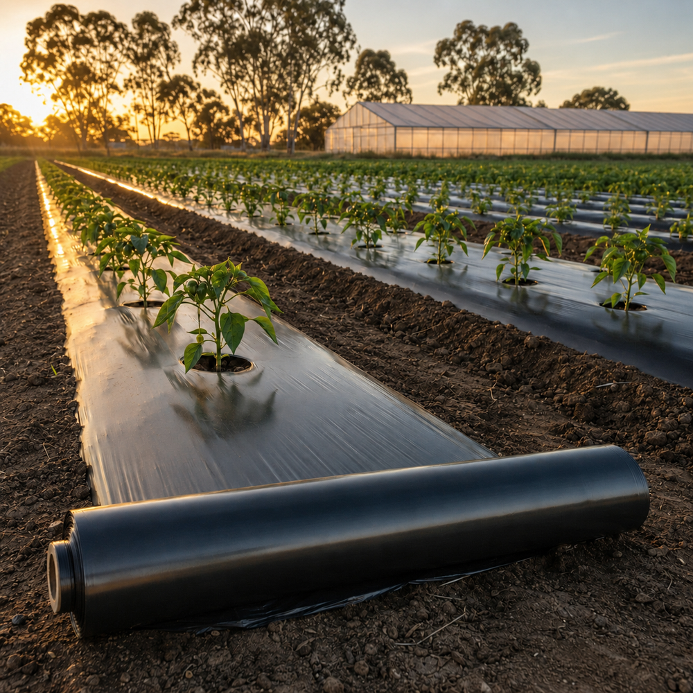 Black UV-stabilised PE agricultural mulch film roll and installed crop rows